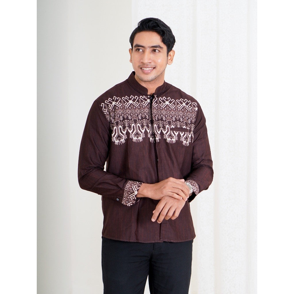 Swipe Up Kemeja Koko Pria Modern Katun Lengan Panjang Motif Zayn White