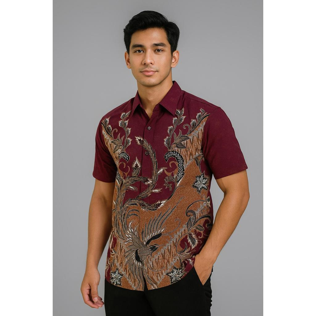 Swipe Up Kemeja Batik Pria Katun Modern Slimfit Lengan Pendek Keitoo Maroon